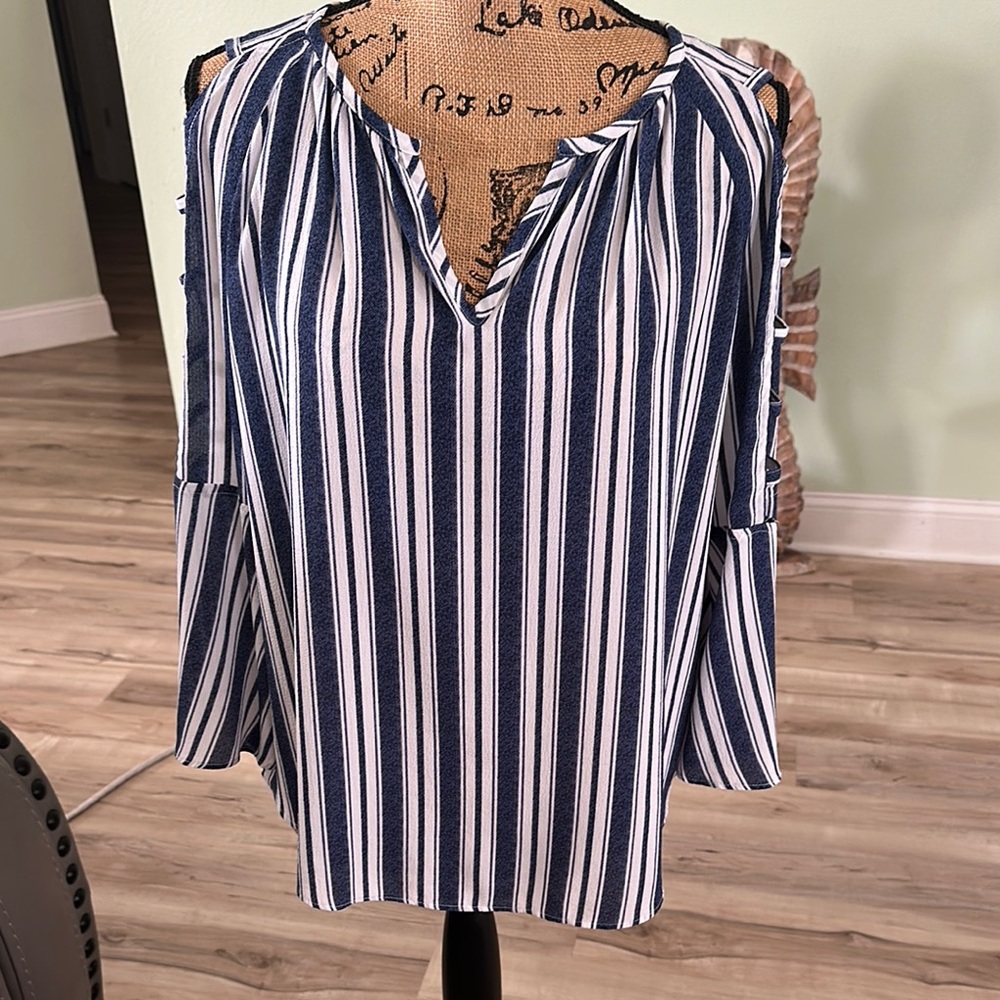 Jennifer Lopez Navy and White Striped Blouse